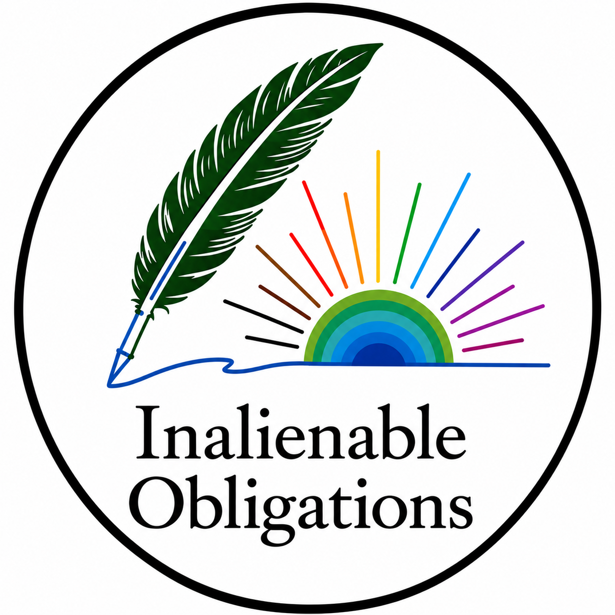 Inalienable Obligations emblem: a quill pen drawing a horizon with a rising sun